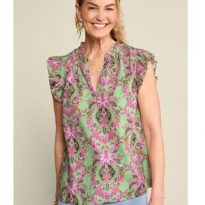 Soft Surroundings EUC size XL Paige linen blend ruffle sleeve floral paisley top